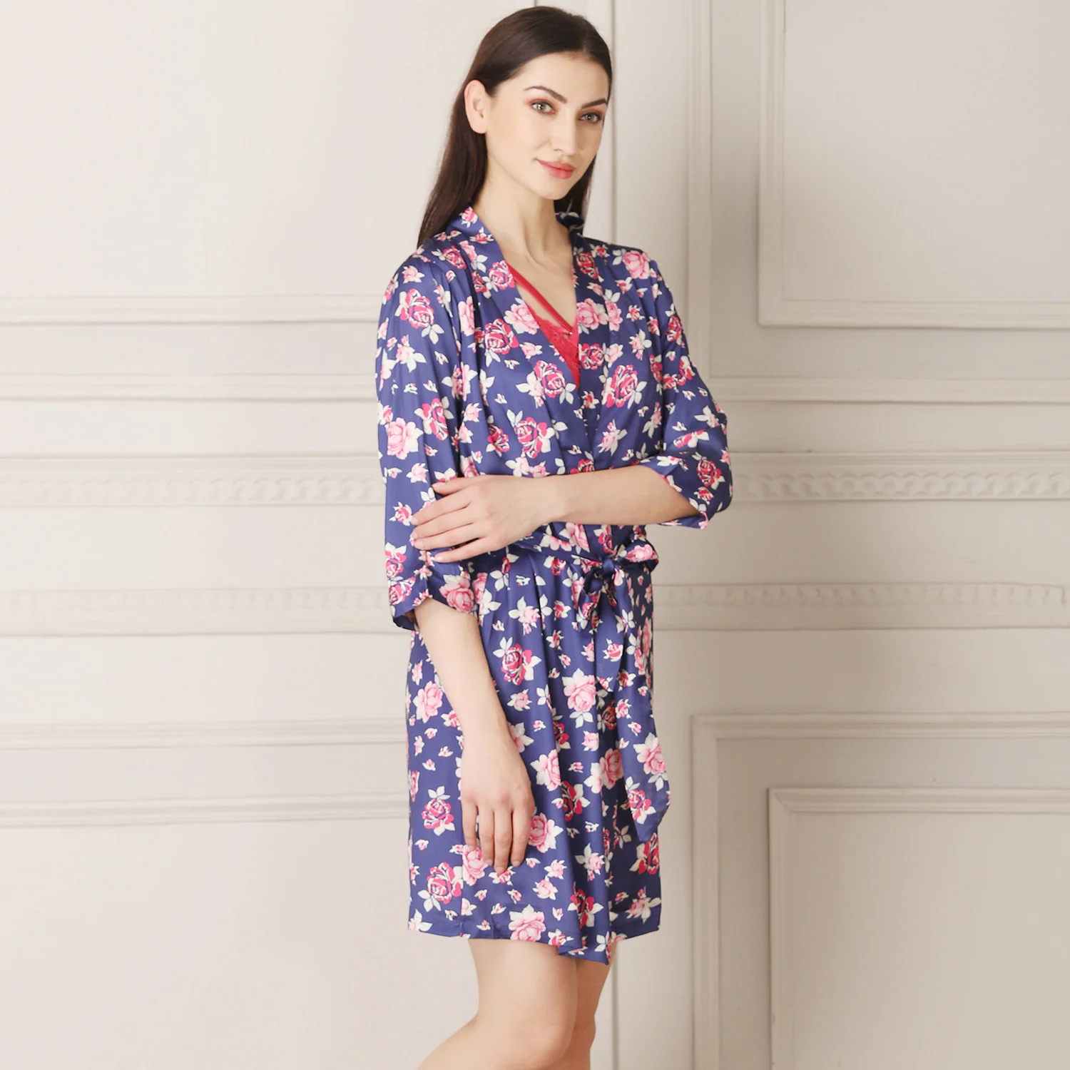 Blue & Pink Floral Print Short Nightgown Set - Image 5