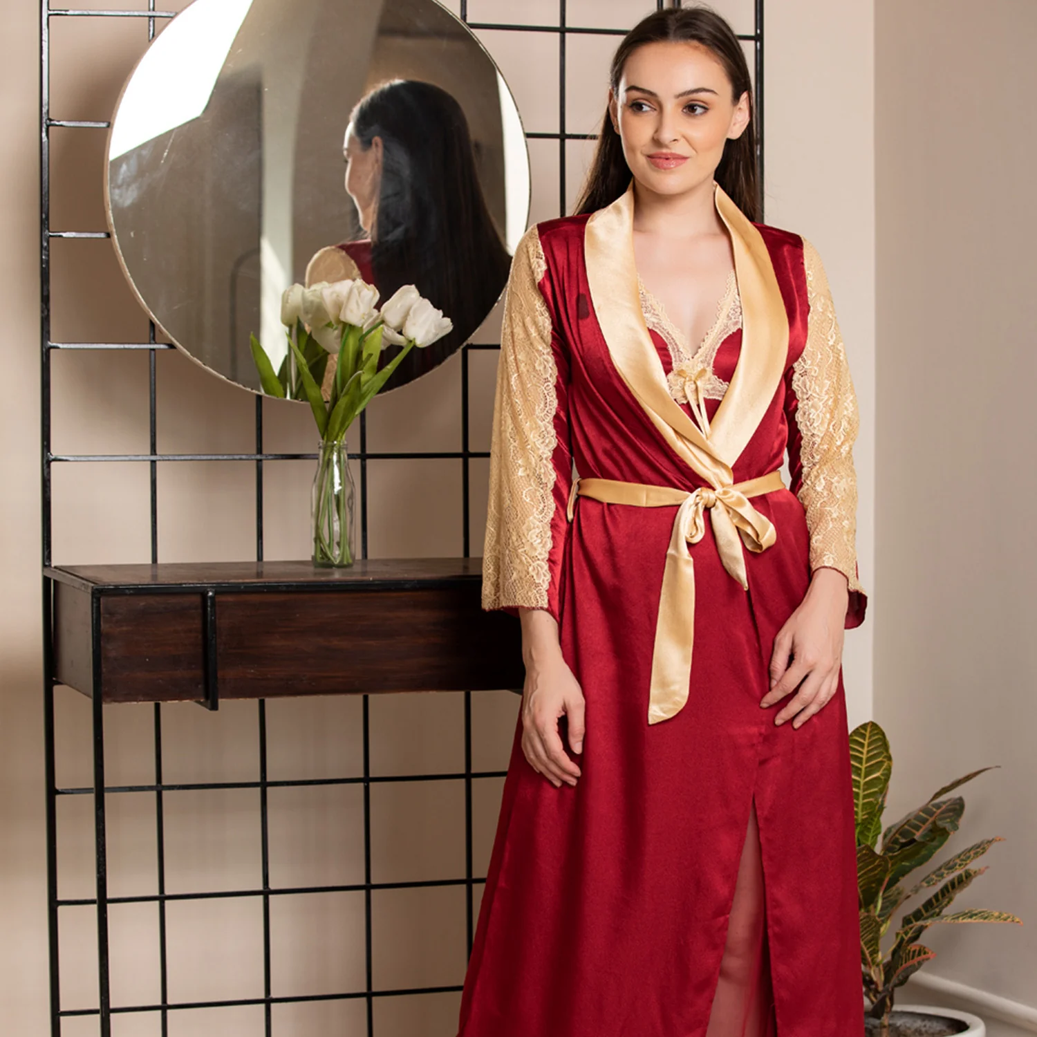 Maroon & Gold Designer Nightgown Set - Image 3
