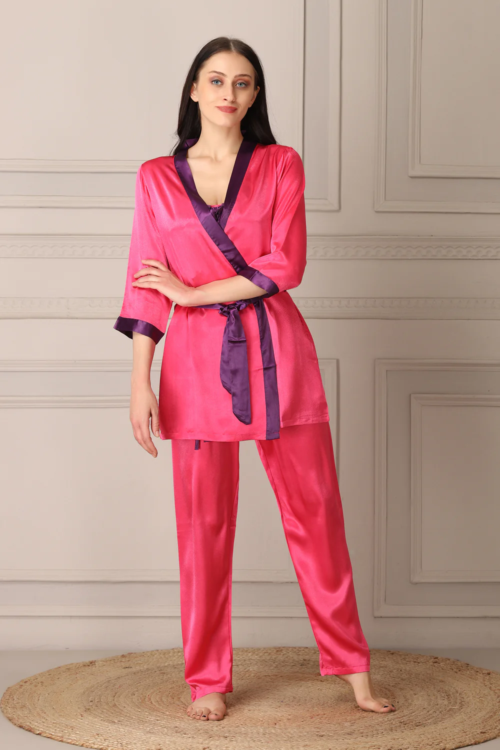Pink Satin Night Suit With Robe Set - Image 3
