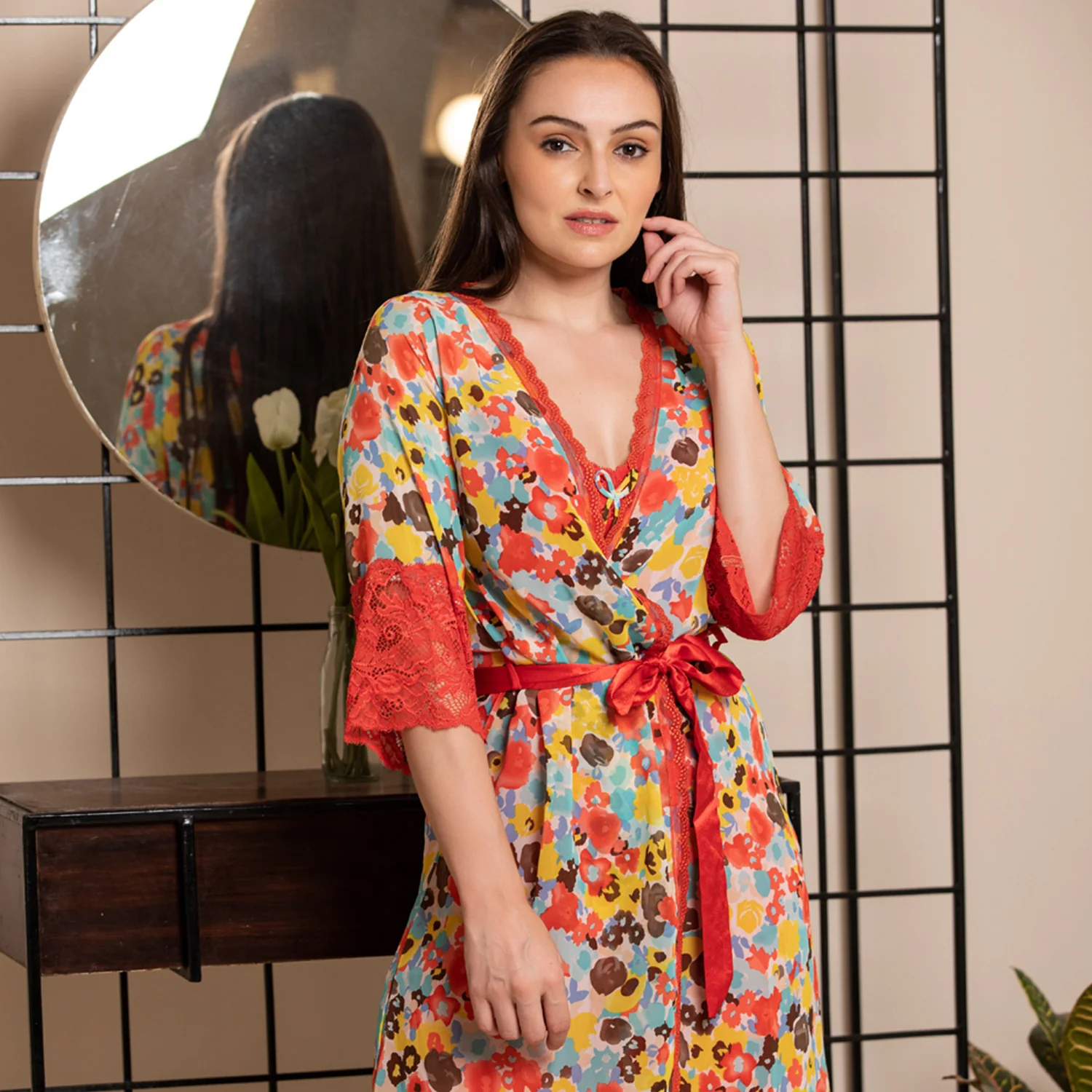 Print Chiffon Short Nightgown Set - Image 4