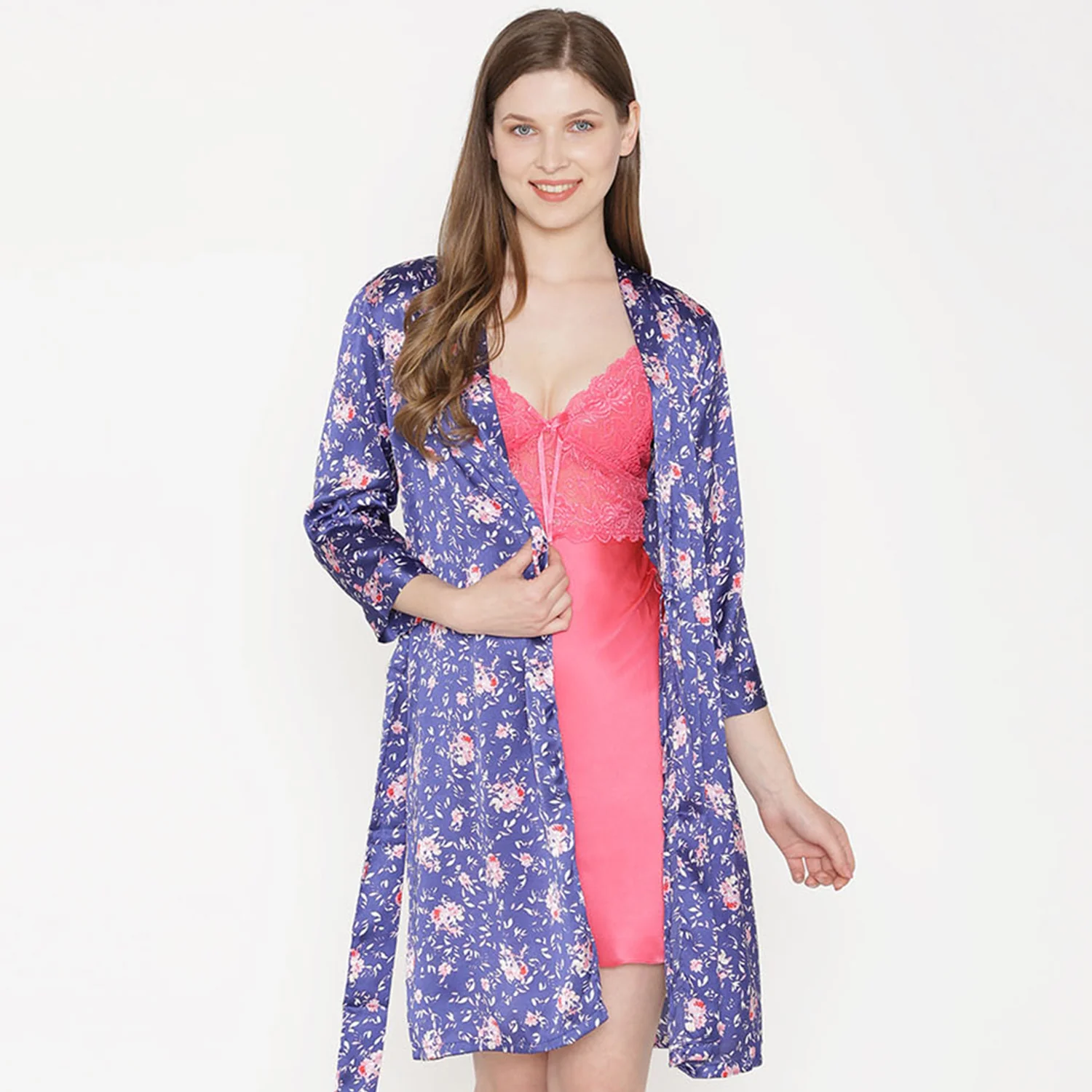 Private Lives Navy Blue Satin Short Nightgown set - Image 4