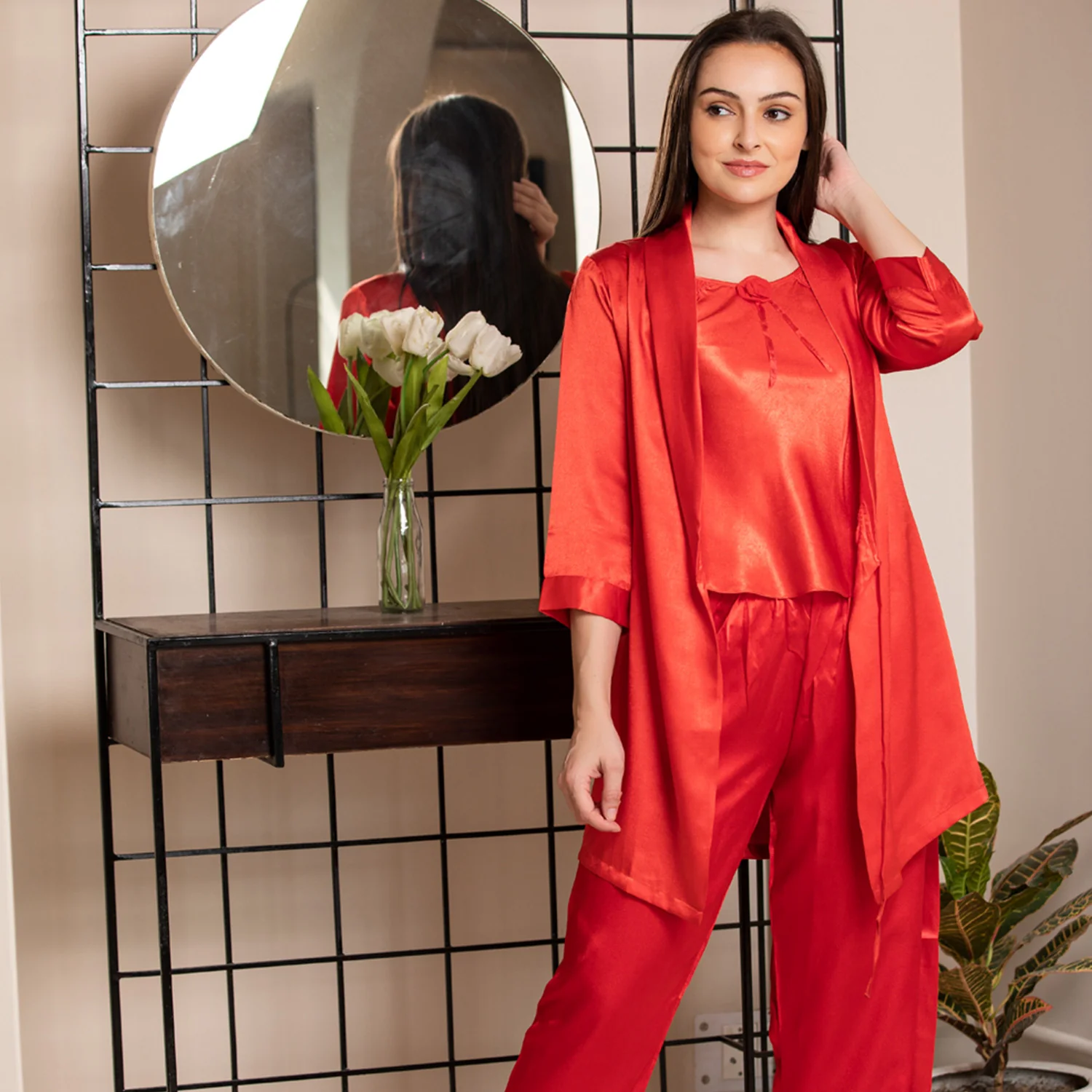 Red satin Night suit with Robe Set - Image 4