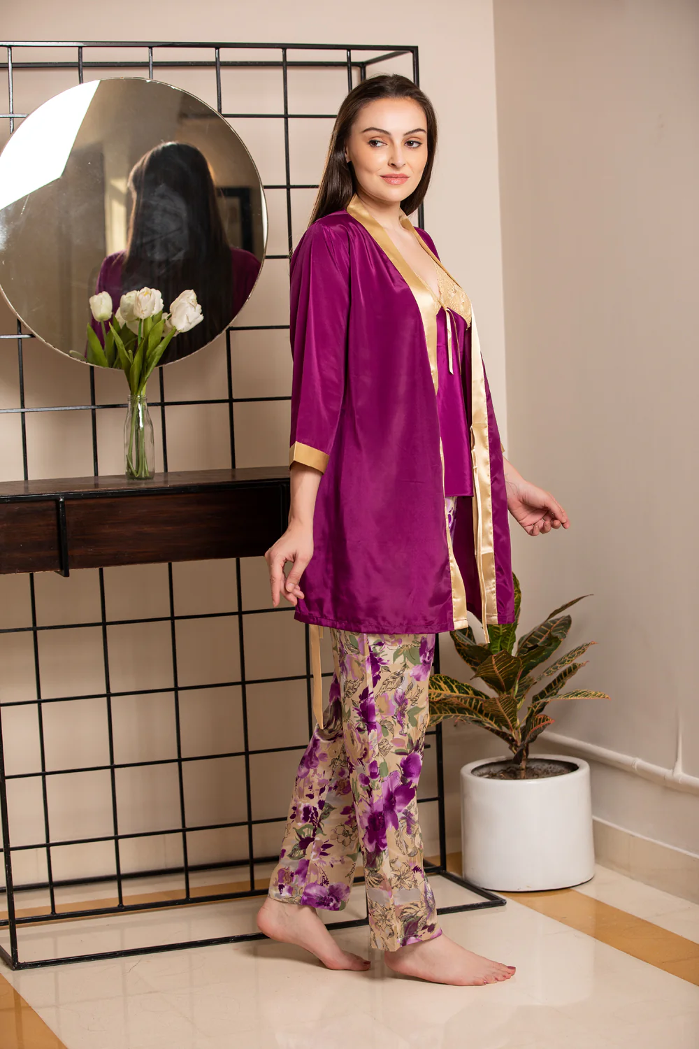 Vine Satin Strap Night Suit with Robe - Image 3